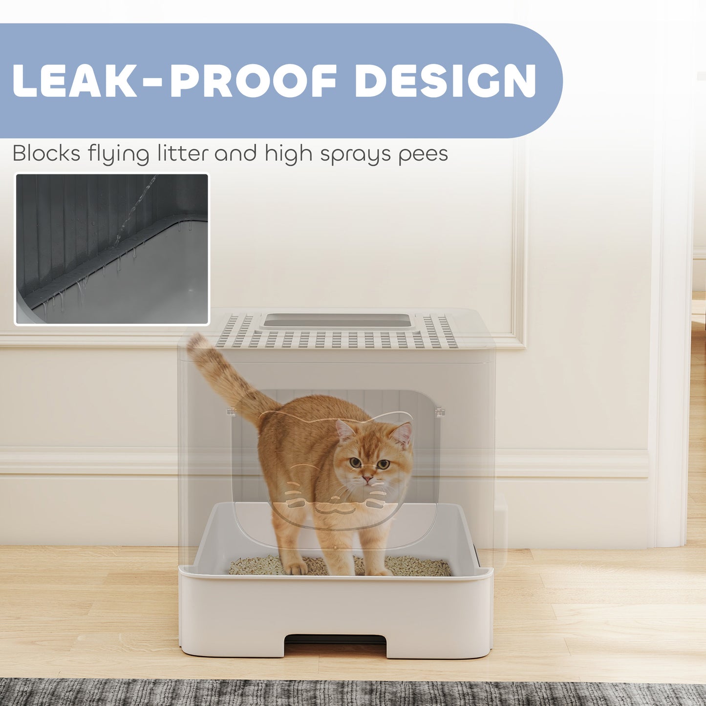 Cat Litter Box with Lid, Slide-Out Drawer, Scoop, Easy Clean, Odour Control, Anti-Splashing, Grey