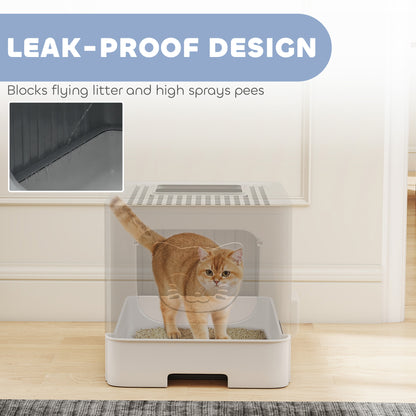 Cat Litter Box with Lid, Slide-Out Drawer, Scoop, Easy Clean, Odour Control, Anti-Splashing, Grey