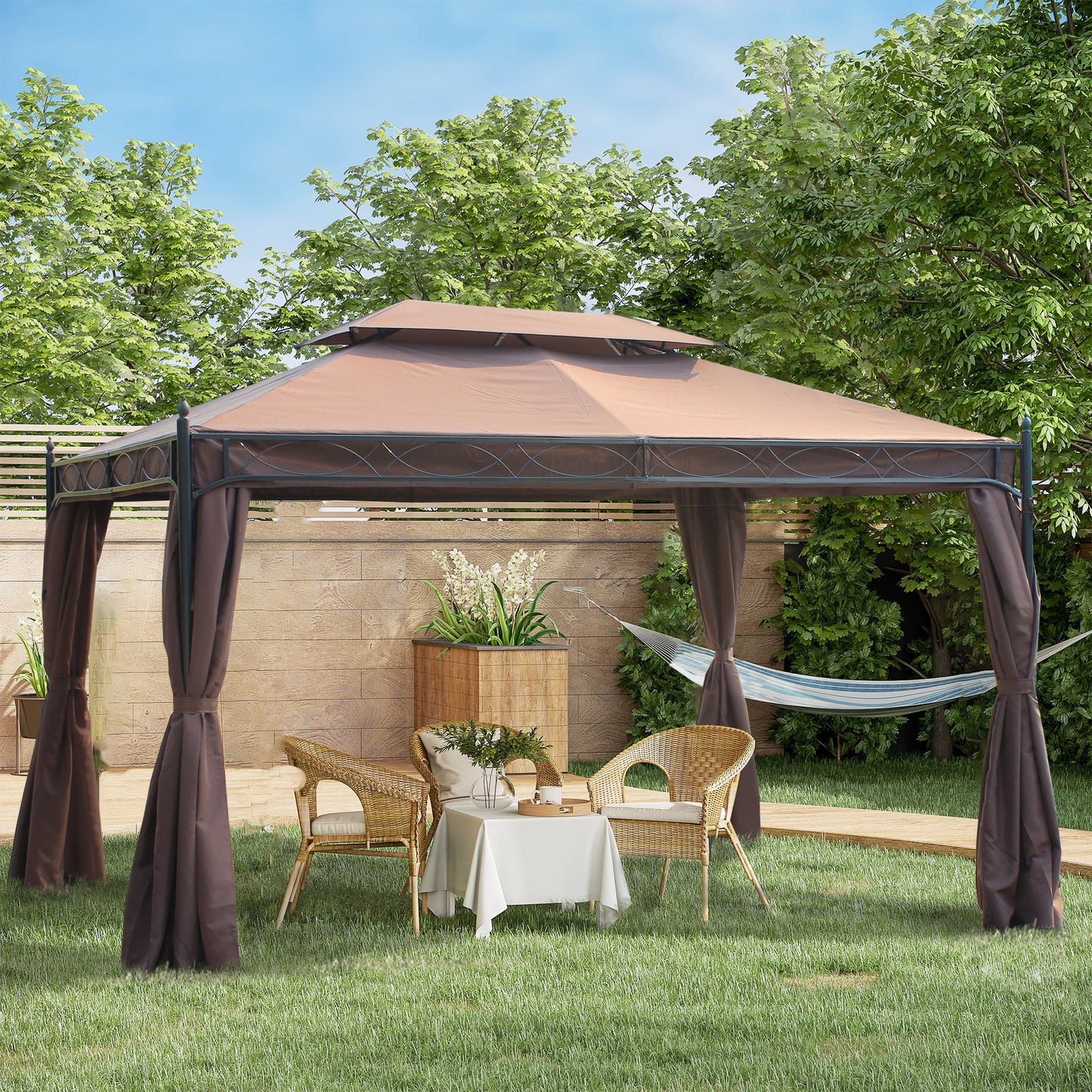 3 x 4m Garden Gazebo, Double Roof Marquee Canopy Shelter with Sidewalls, Solid Steel Frame for Garden, Lawn