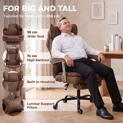 Executive Office Chair, Leathaire Big and Tall Office Chair 180 kg with Wide Seat, Reclining, Lumbar Support, Brown