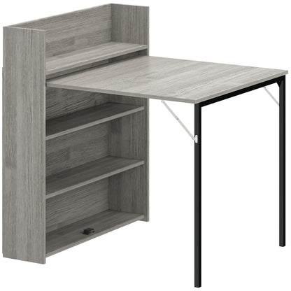 Kitchen Table, Folding Dining Table, with 4-Tier Shelves, Modern Drop-Leaf Table, Grey Wood Effect