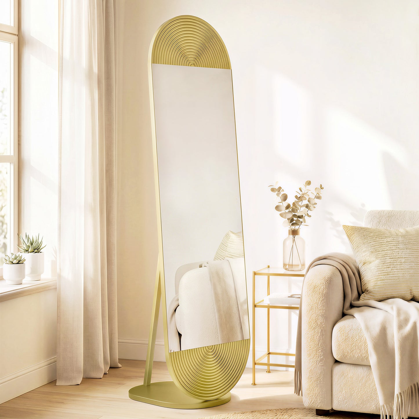 50 x 161 cm Wavy Full Length Mirror, Free Standing Mirror with Metal Frame and Solid Base, Gold Tone