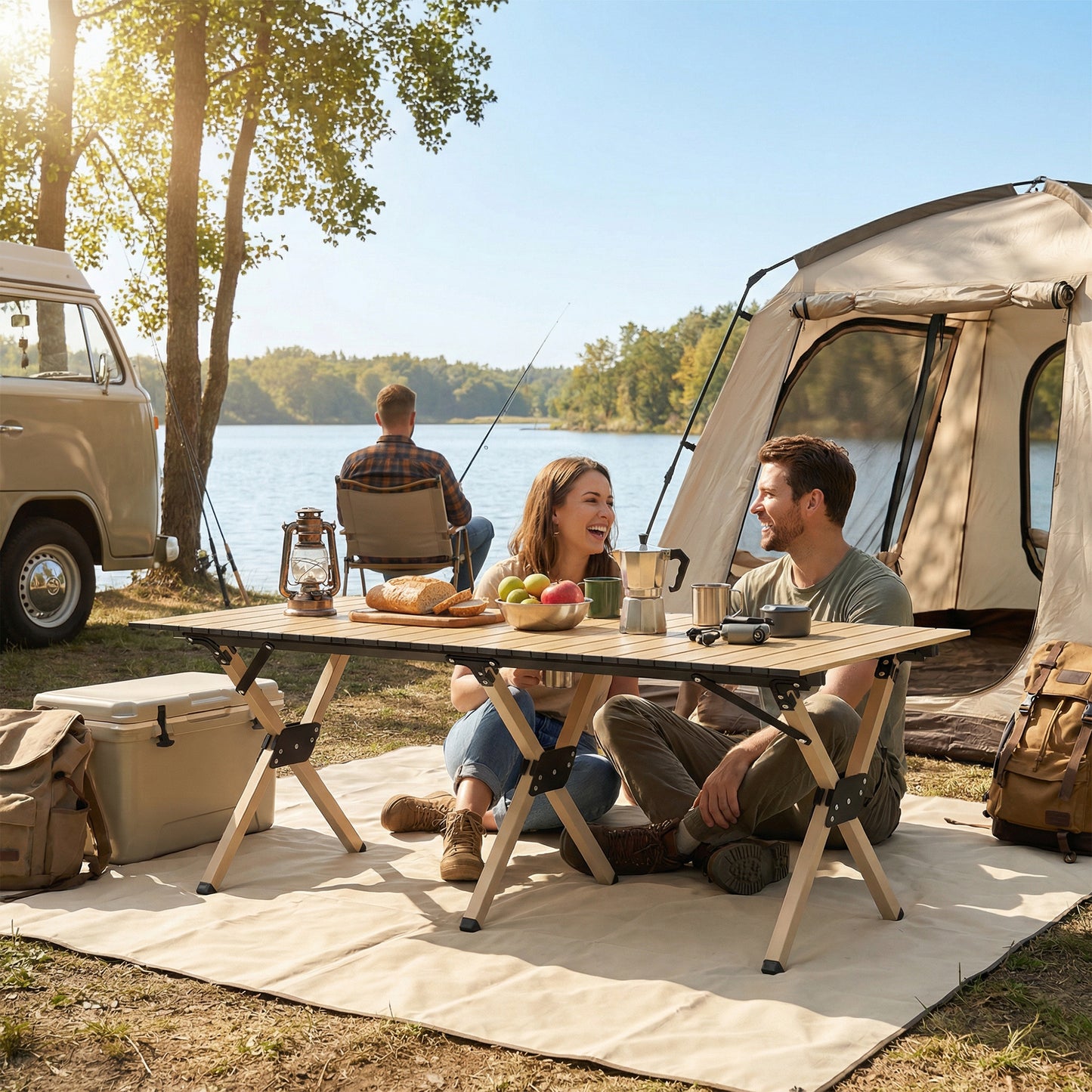 4ft Folding Camping Table, Waterproof Picnic Table with Roll Up Top, Carrying Bag and Metal Frame, Dark Brown