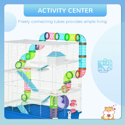 5 Tier Hamster Cage, Gerbil Cage with Exercise Wheel, Feeder Bowl, Tube, Water Bottle, 59L x 36W x 69H cm - Blue
