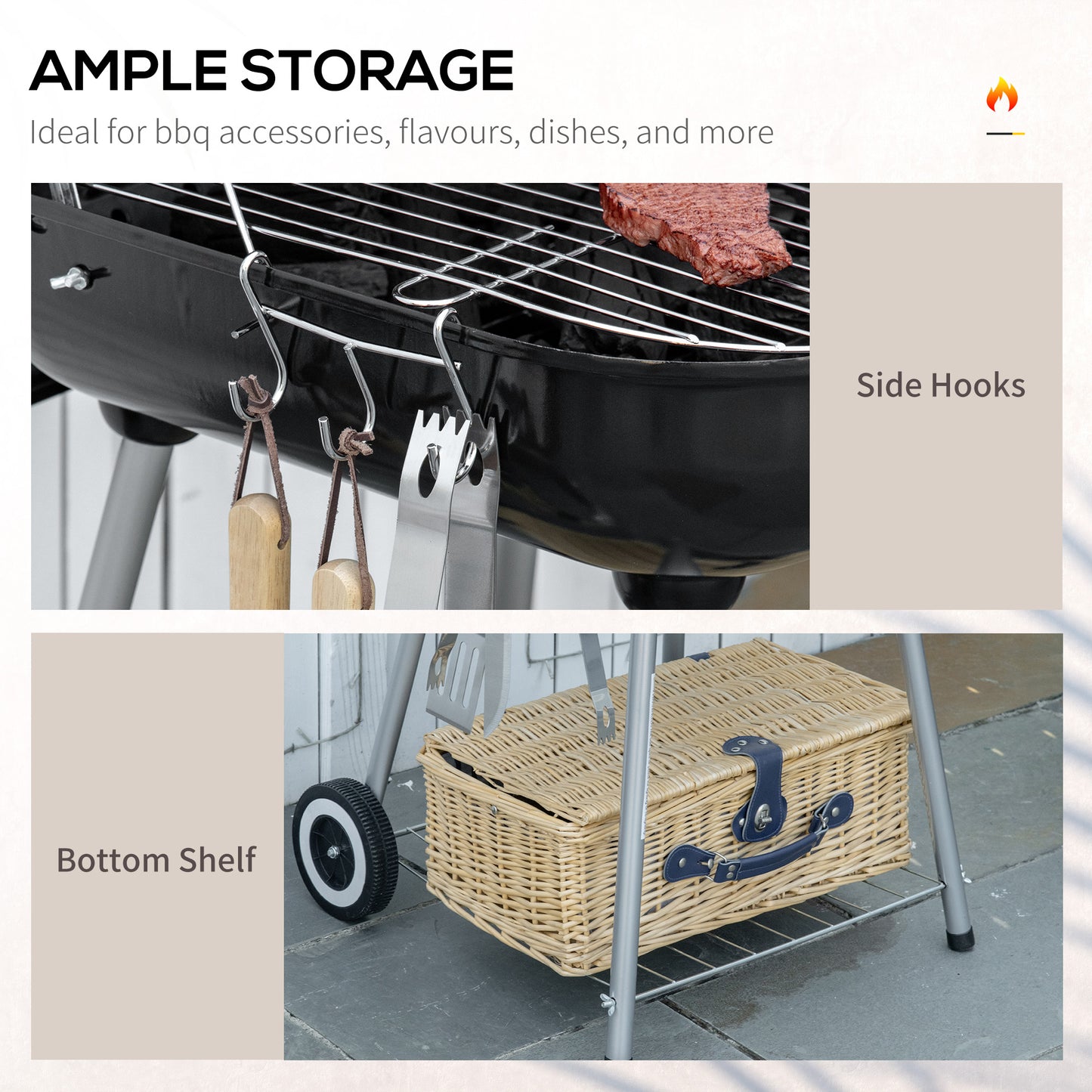 Portable BBQ Charcoal Grill with 2 Wheels and Cooking Utensils, Smoker Grill with Lid for Outdoor Barbecues, Camping, Picnic