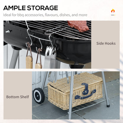 Portable BBQ Charcoal Grill with 2 Wheels and Cooking Utensils, Smoker Grill with Lid for Outdoor Barbecues, Camping, Picnic