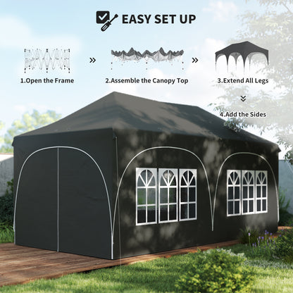 3 x 6m Pop Up Gazebo Shelter with Sides, 6 Sandbags, Peak Top Garden Party Tent Marquee with Carry Bag, Dark Grey