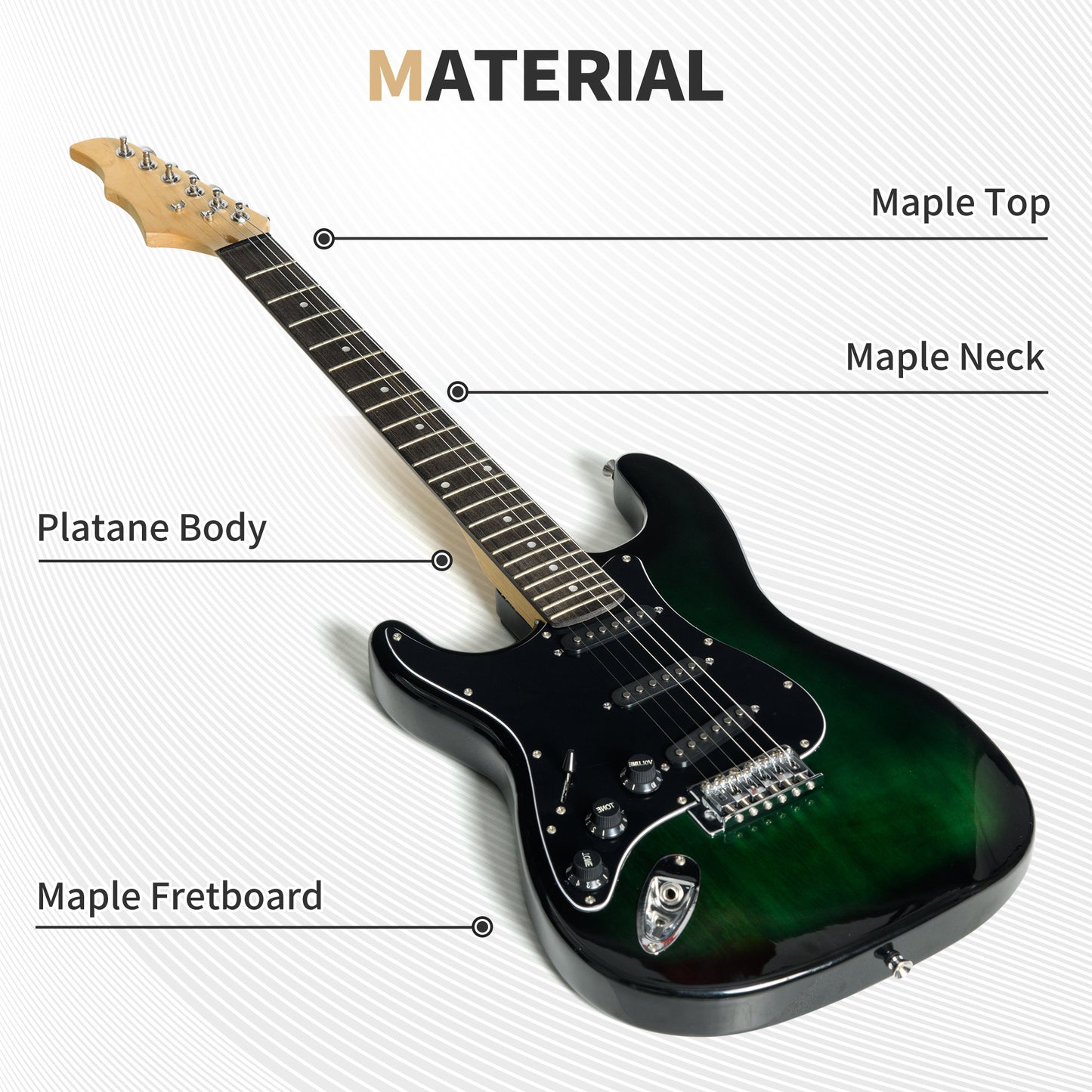 Six-String Electric Guitar, with 15W Amplifier, Digital Turner, Picks, Shoulder Strap, Case Bag - Dark Green