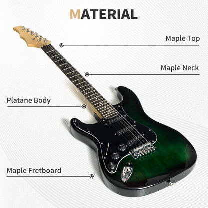 Six-String Electric Guitar, with 15W Amplifier, Digital Turner, Picks, Shoulder Strap, Case Bag - Dark Green