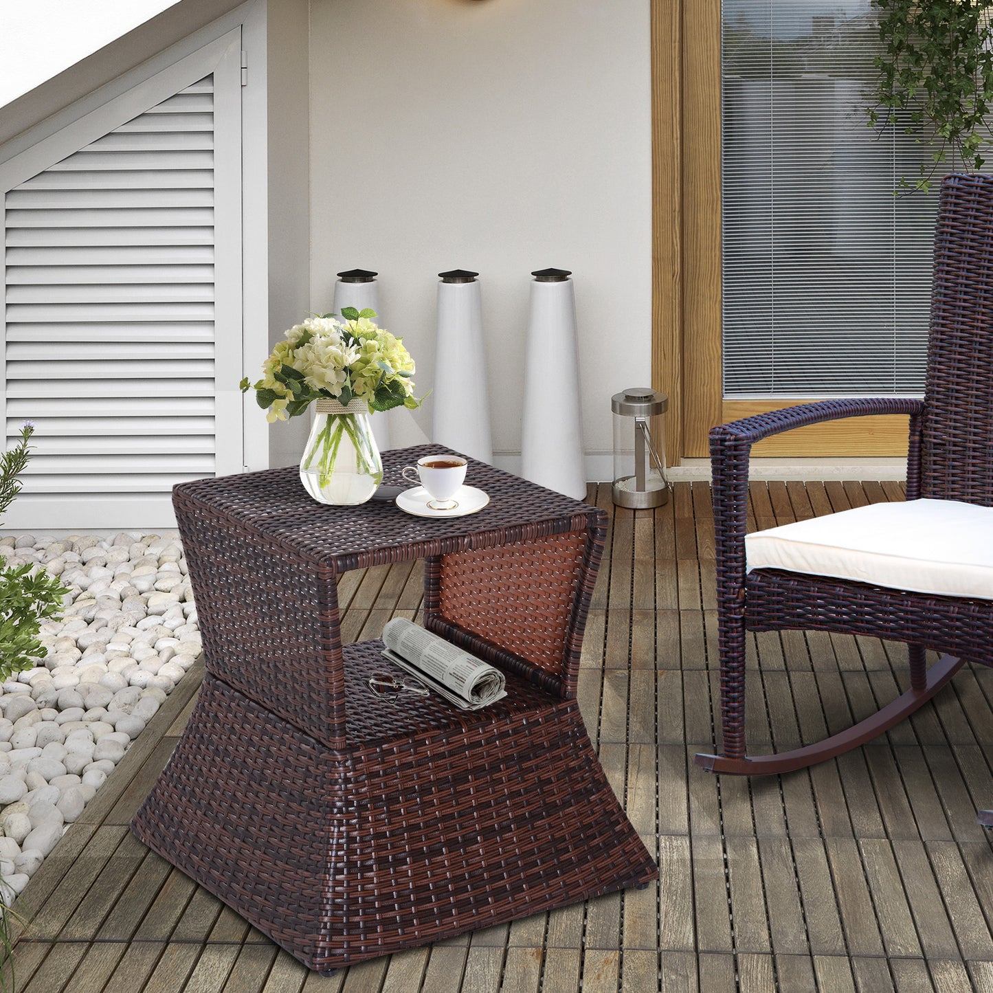 Rattan Outdoor Coffee Table, Wicker Garden Patio Bistro Side Table with Umbrella Hole and Storage Space for Balcony, Porch