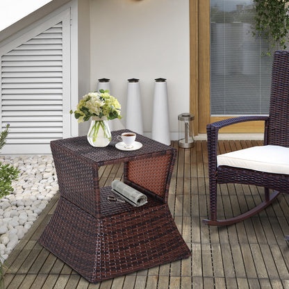 Rattan Outdoor Coffee Table, Wicker Garden Patio Bistro Side Table with Umbrella Hole and Storage Space for Balcony, Porch