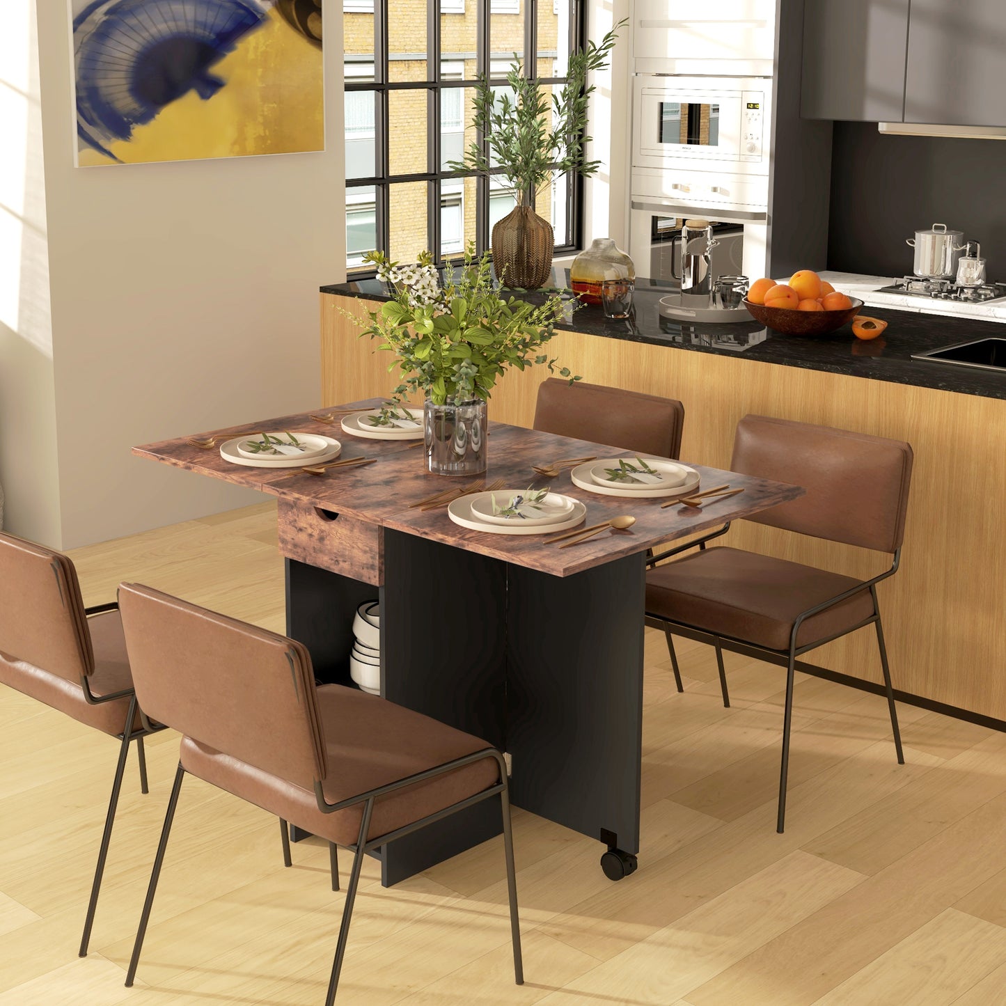 Folding Dining Table, Drop Leaf Table for Small Spaces, Foldable Table with Drawer and Storage Shelves for Kitchen