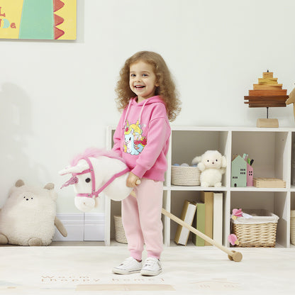 Unicorn Stick Horse with Wood Wheels, Real Pony Neighing and Galloping Sounds, Grip Handle, 95 cm, White