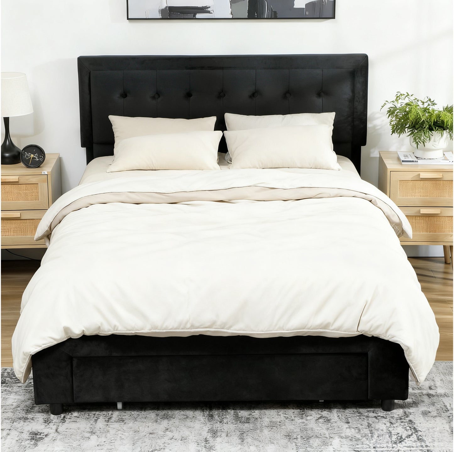 King Size Ottoman Bed Frame, with Front Drawer - Black