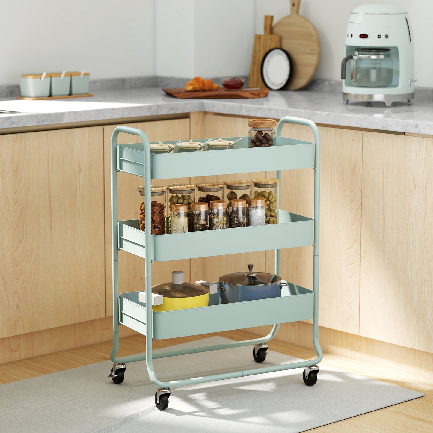 3-Tier Storage Trolley on Wheels, Rolling Utility Cart with Mesh Backets for Kitchen, Bathroom, Bedroom, Light Green