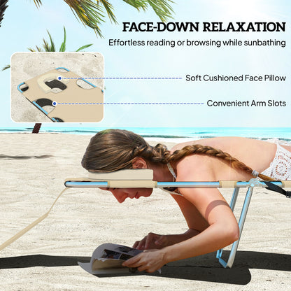 Foldable Sun Lounger, Beach Chaise Lounge with Reading Hole, Arm Slots, 5-Position Adjustable Backrest, Side Pocket