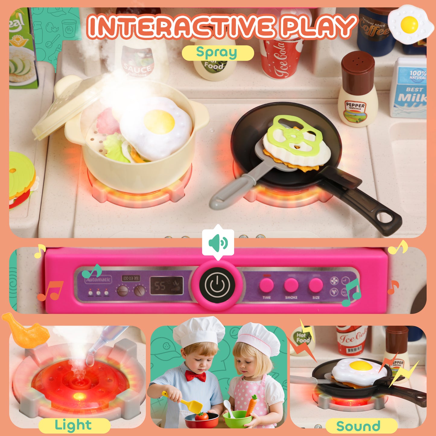 Pretend Play Kitchen Set with Realistic Lights & Sounds, 104PCS Toy Kitchen Accessories for Boys and Girls, Pink