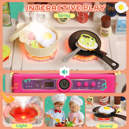 Pretend Play Kitchen Set with Realistic Lights & Sounds, 104PCS Toy Kitchen Accessories for Boys and Girls, Pink