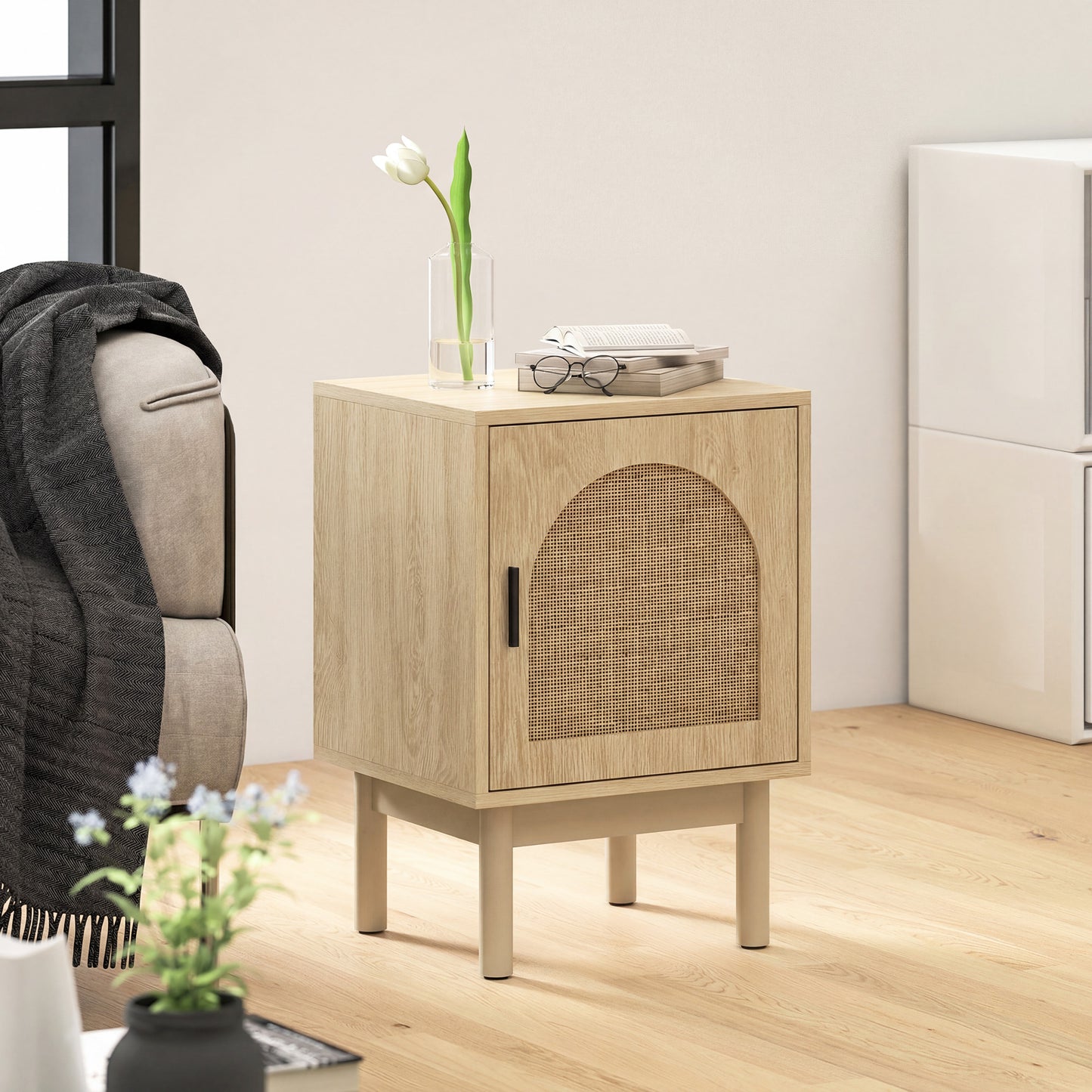 Rattan Bedside Table for Bedroom - Natural Wood
