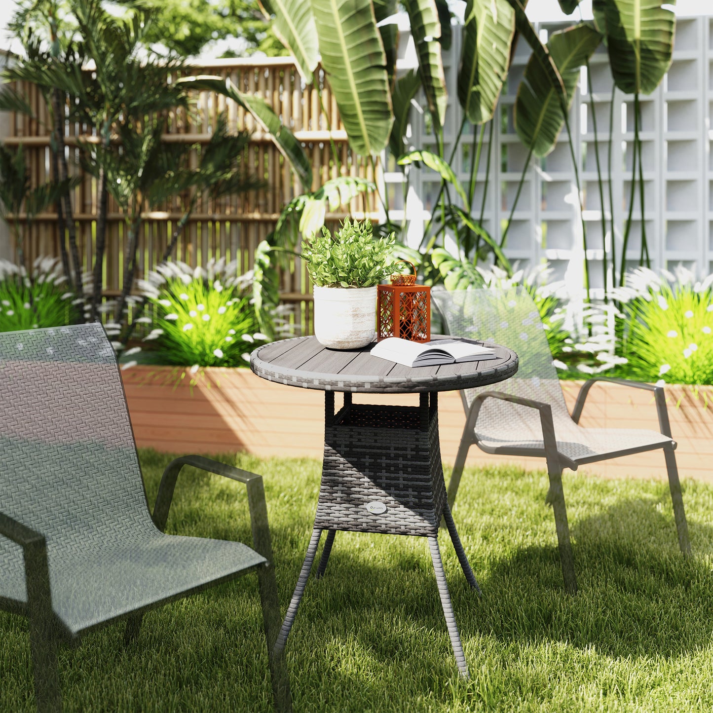70 cm Wood-Effect Rattan Garden Table - Grey