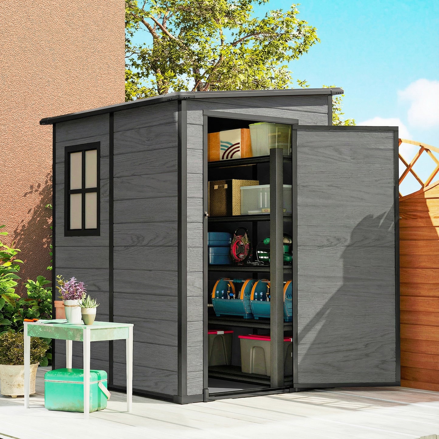 4'x5' Garden Storage Shed, Lean to Shed, Lockable Garden Shed with Window, Vent and Plastic Roof, Wood-Effect