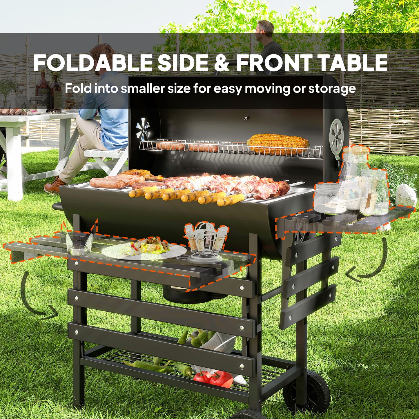 Charcoal BBQ Grill with Foldable Front Side Shelf, Portable Barbecue Smoker with Warming Rack, Bottom Shelf, Lid