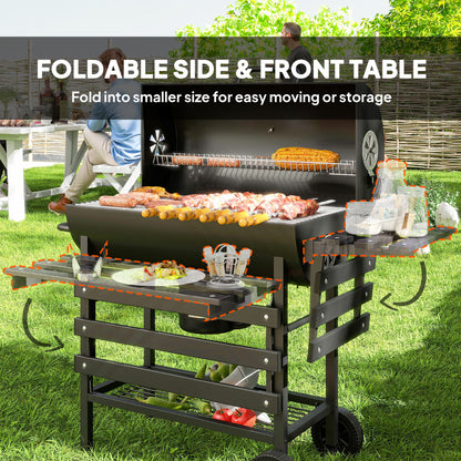 Charcoal BBQ Grill with Foldable Front Side Shelf, Portable Barbecue Smoker with Warming Rack, Bottom Shelf, Lid