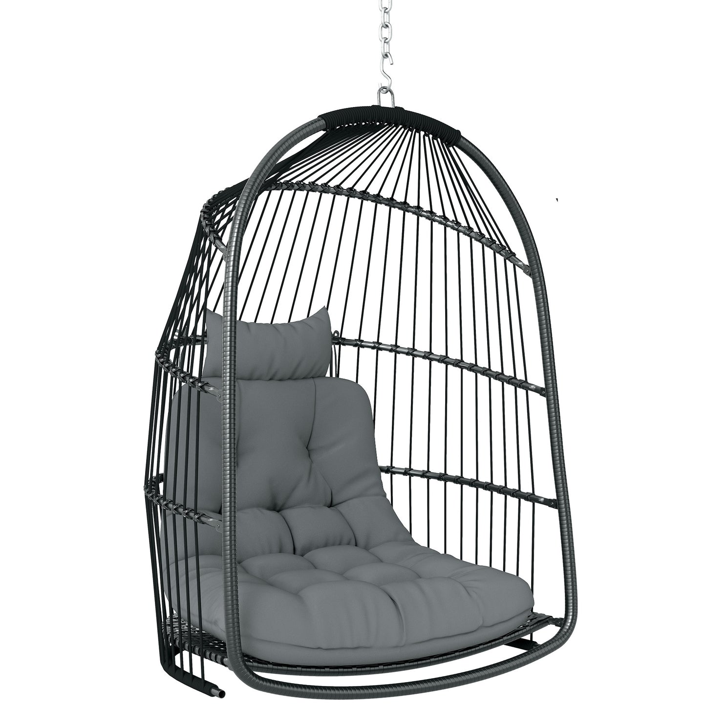 Hanging Egg Chair, Foldable Rattan Garden Swing Chair with Installation Kit, Thickened Cushion and Headrest
