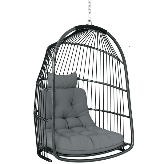 Hanging Egg Chair, Foldable Rattan Garden Swing Chair with Installation Kit, Thickened Cushion and Headrest