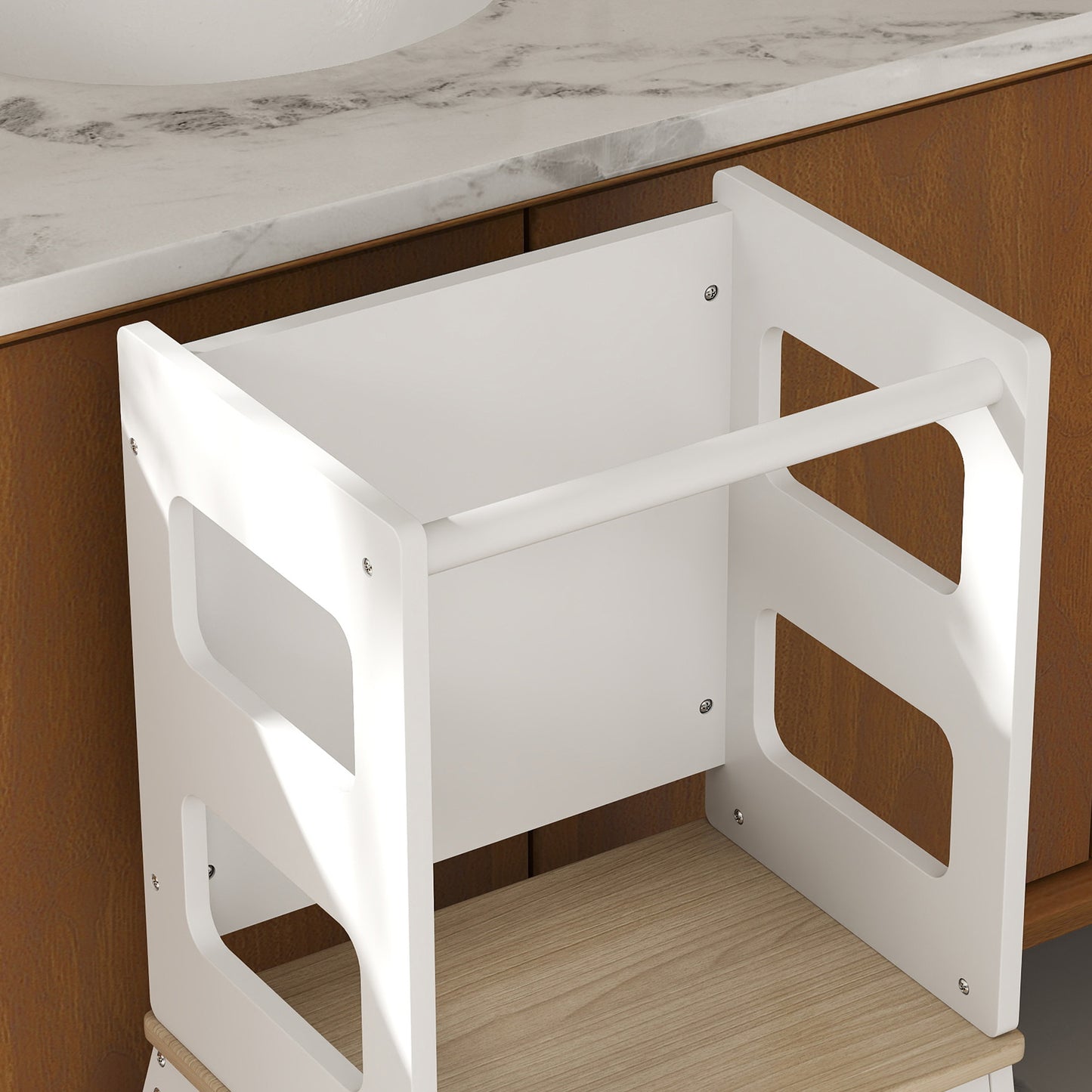 2-in-1 Toddler Tower with Chalkboard, Safety Rail for Kitchen, Counter, Bathroom, Sink, White