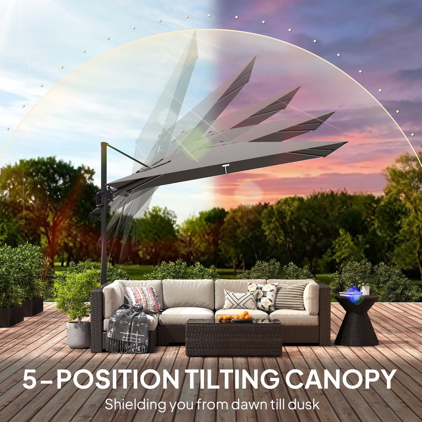 3 x 3 m Garden Cantilever Parasol w/ Light, Cover, UPF50+ Patio Umbrella w/ Wind Protection, 360° Rotation, Dark Grey