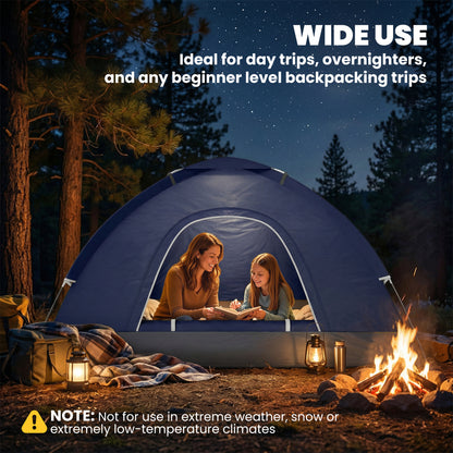 2 Person Camping Tent, Dome Tent with Zipped Doors, Storage Pocket, Portable Handy Bag, Navy Blue