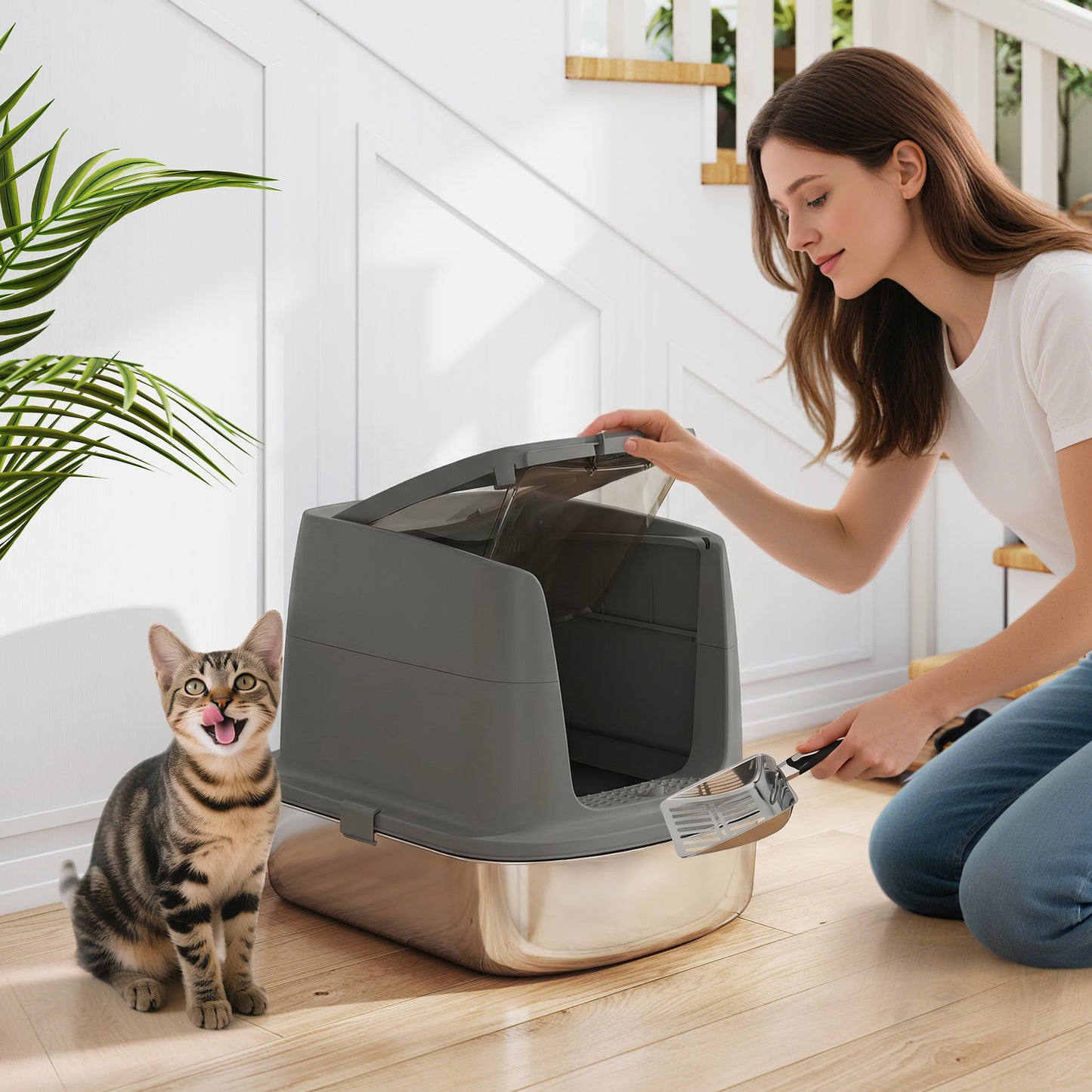 Large Stainless Steel Litter Box, Enclosed Metal Cat Litter Tray with Scoop, Deodoriser Bag, Front-Entry and Top-Exit