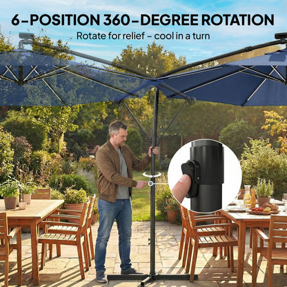 3 m Garden Cantilever Parasol with LED Solar Light, Round Overhanging Umbrella with 360° Rotation, Cover, Navy Blue