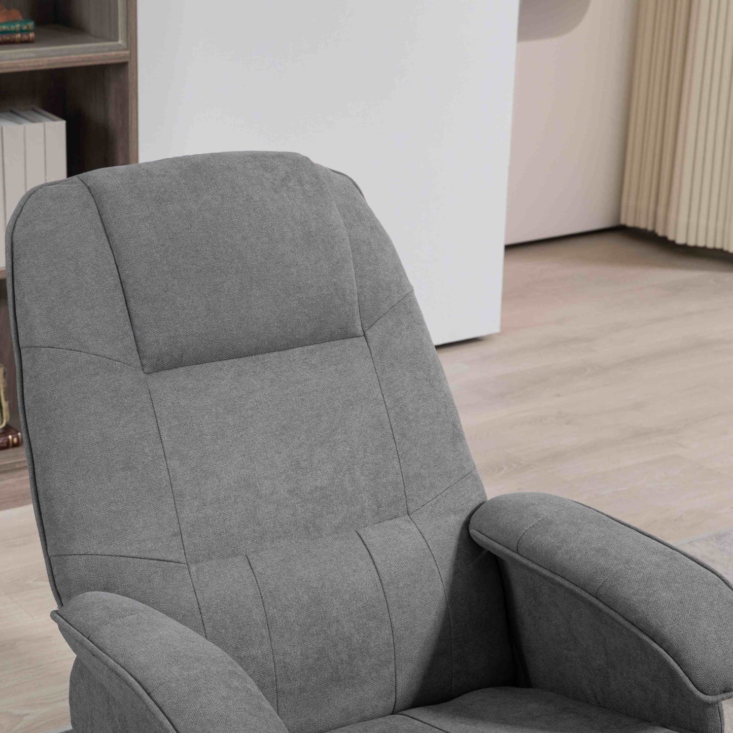 Linen Swivel Recliner Chair with Footstool, Upholstered Reclining Armchair with Wooden Base for Living Room, Grey