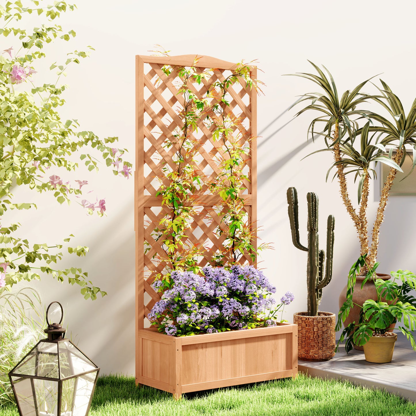 Wooden Planter with Trellis, Freestanding Raised Bed for Garden with Lattice, Outdoor Planter Box for Climbing Plants, Vines