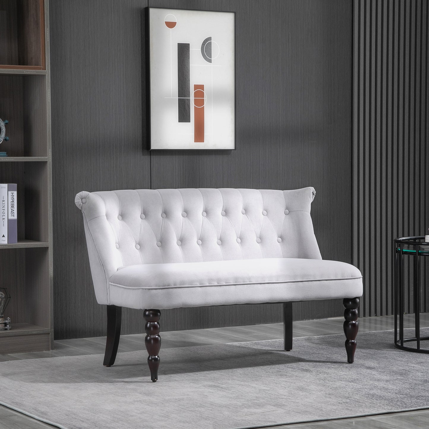 Velvet 2 Seater Sofa, Button Tufted Wingback Loveseat with Rubber Wood Legs for Living Room, Bedroom, Grey