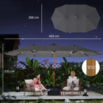 Double Sided Garden Parasol with Base Included & 48 Solar LED Lights Patio Umbrella Crank Handle 4.6m Light Grey