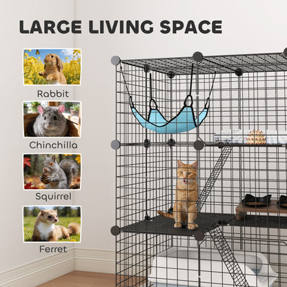 Indoor Cat Cage DIY Customizable 3-Tier Indoor Cat Enclosure with 3 Doors and Hammock 105 cm Black