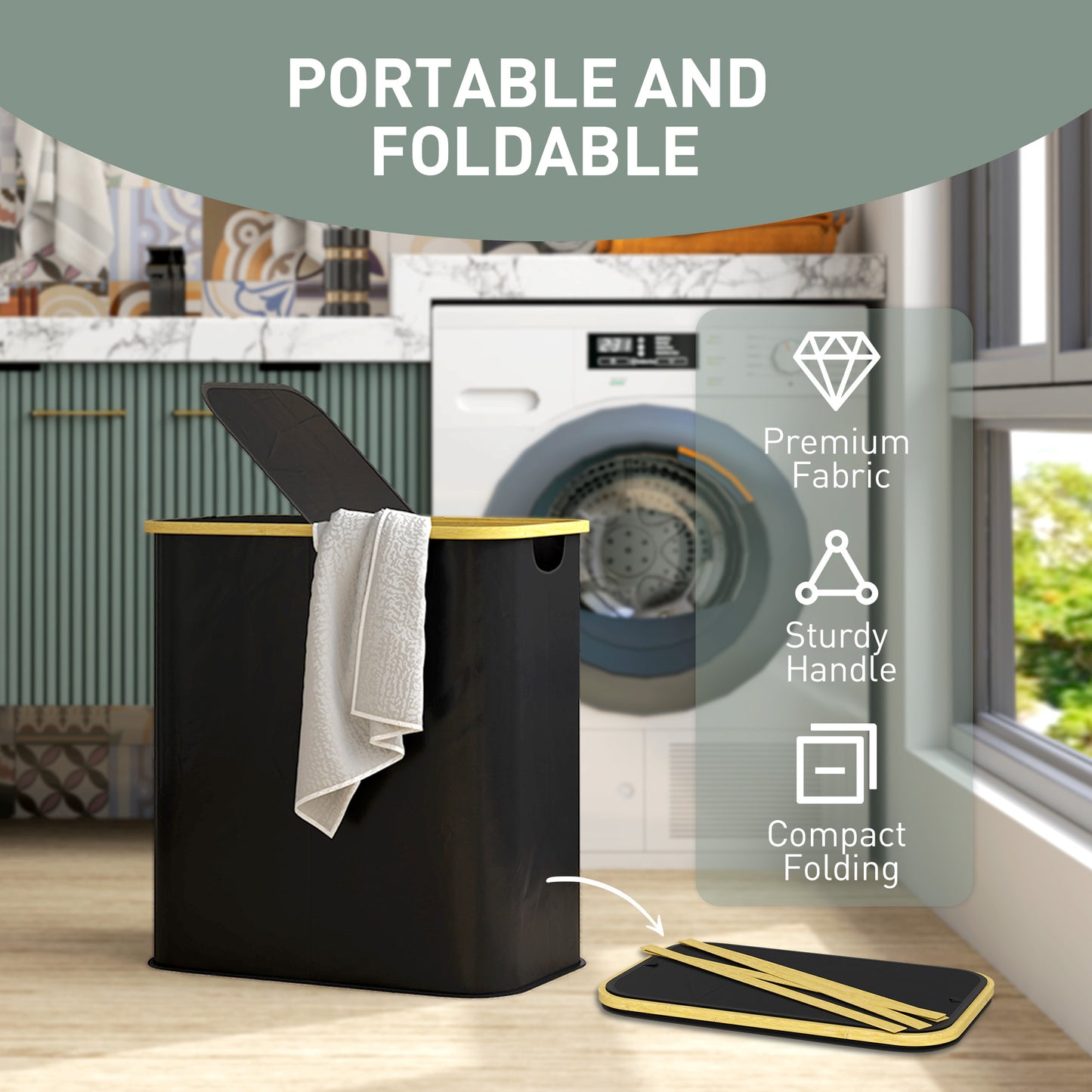 Double Laundry Basket With Lid, 80L Collapsible Laundry Hamper with Groove Handles, Washing Basket for Bathroom, Bedroom