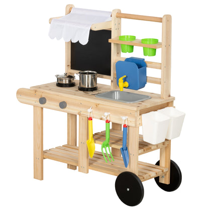 Mud Kitchen with Real Water Faucet Pretend Play Kitchen Playset with Sink and Storage Natural Wood