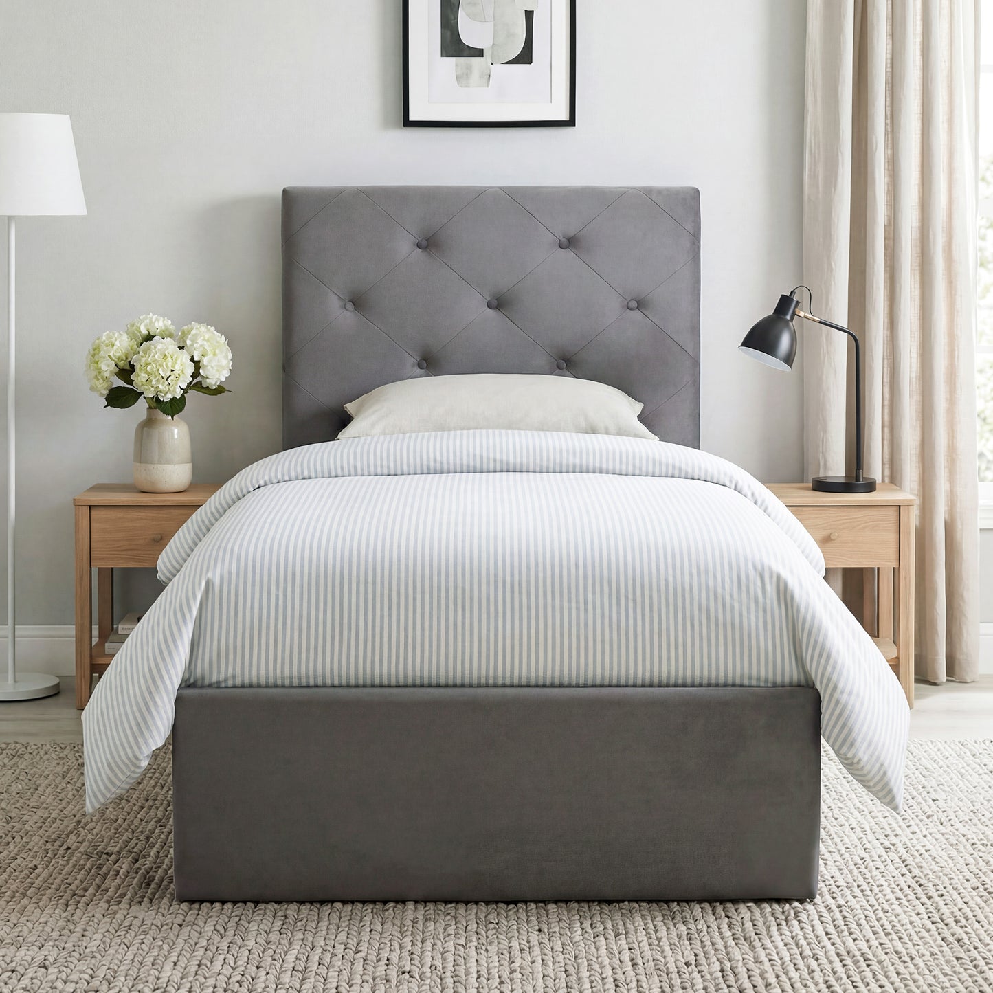 Single Bed Frame Gas End Lift Under Bed Storage Upholstered Platform Bed Tufted Headboard for 90 x 190 cm Mattress
