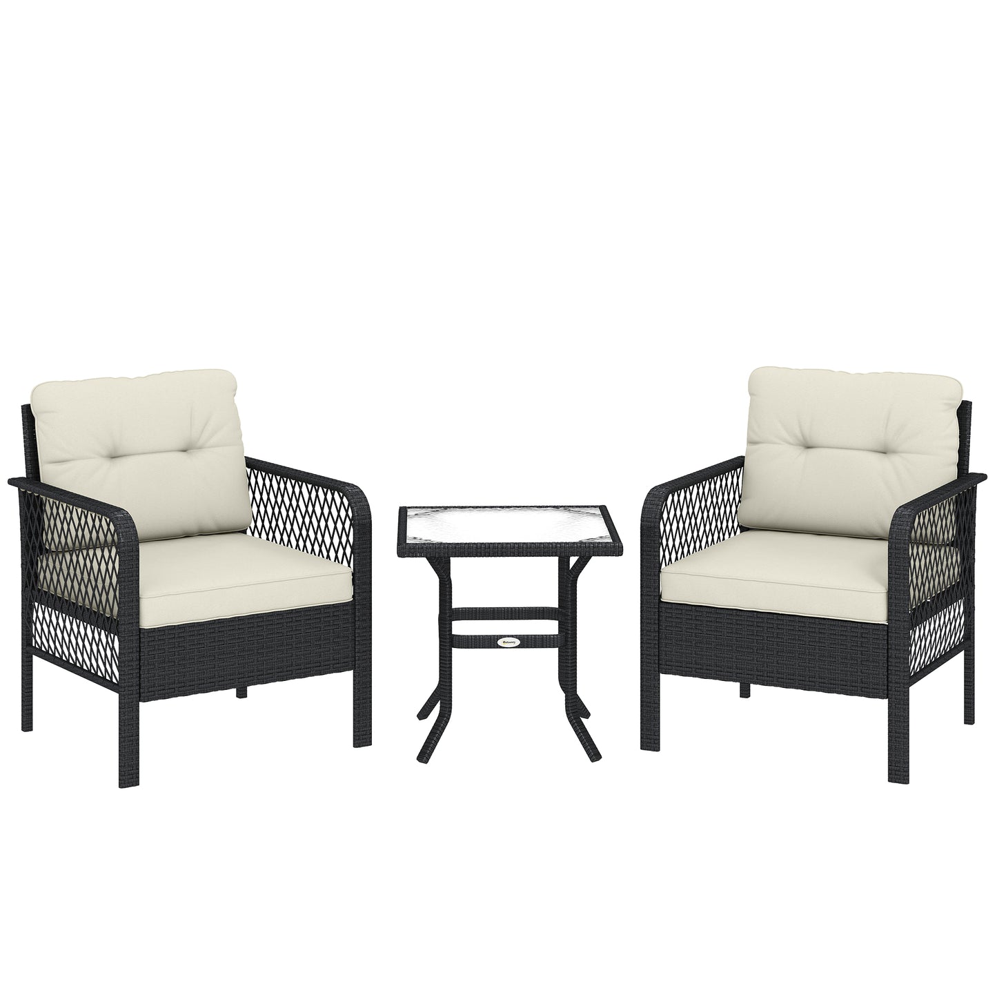 3 Pieces Rattan Bistro Set with Glass Top Coffee Table, Chairs and Cushions for Outdoor, Patio, Balcony, Cream