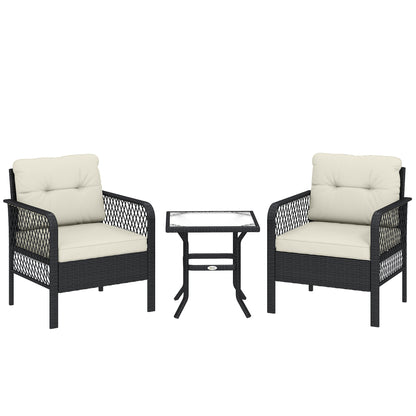 3 Pieces Rattan Bistro Set with Glass Top Coffee Table, Chairs and Cushions for Outdoor, Patio, Balcony, Cream