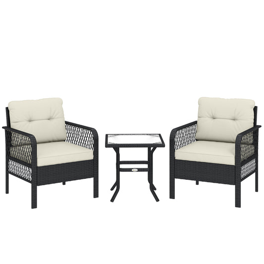 3 Pieces Rattan Bistro Set with Glass Top Coffee Table, Chairs and Cushions for Outdoor, Patio, Balcony, Cream