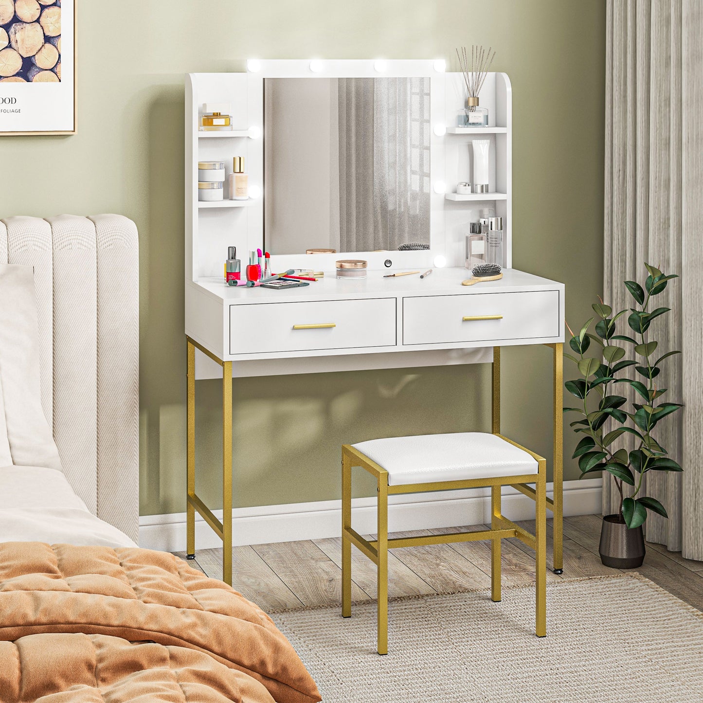Dressing Table Set, with Storage and Stool - White