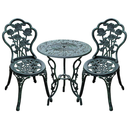 Cast Aluminium Outdoor Patio Garden Bistro Elegant Design Table Chair Set - Green (3-Piece)