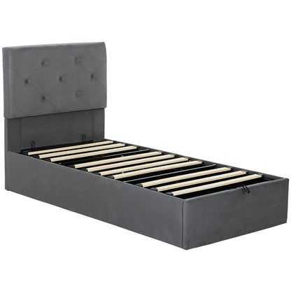 Single Bed Frame Gas End Lift Under Bed Storage Upholstered Platform Bed Tufted Headboard for 90 x 190 cm Mattress