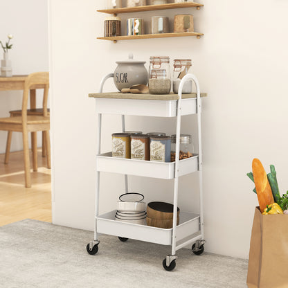 3-Tier Kitchen Storage Trolley with on Wheels Cover Top Board - White and Oak