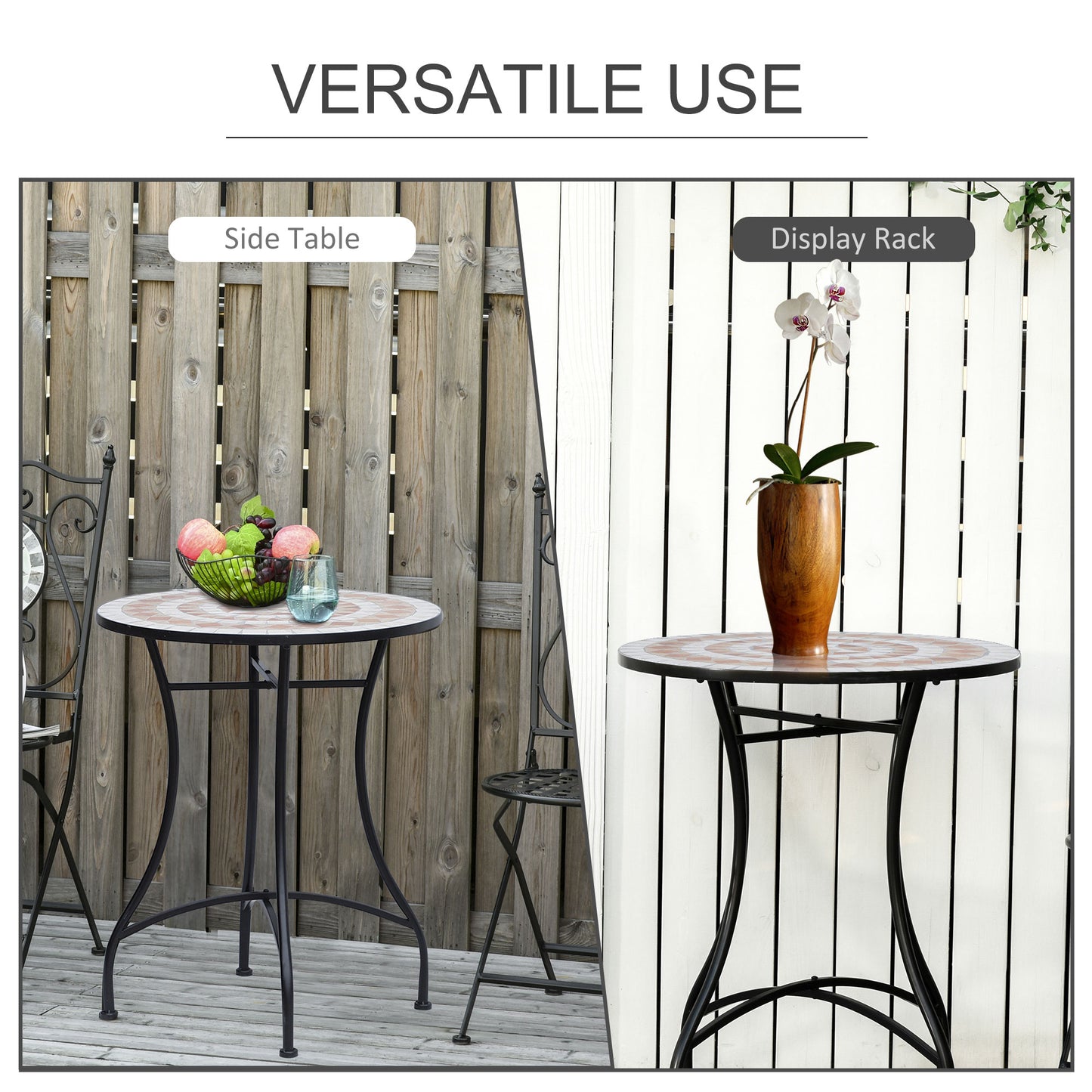 60 cm Mosaic Garden Table, Small Round Outdoor Side Table with Ceramic Top, Plant Stand for Patio, Balcony, Orange and White